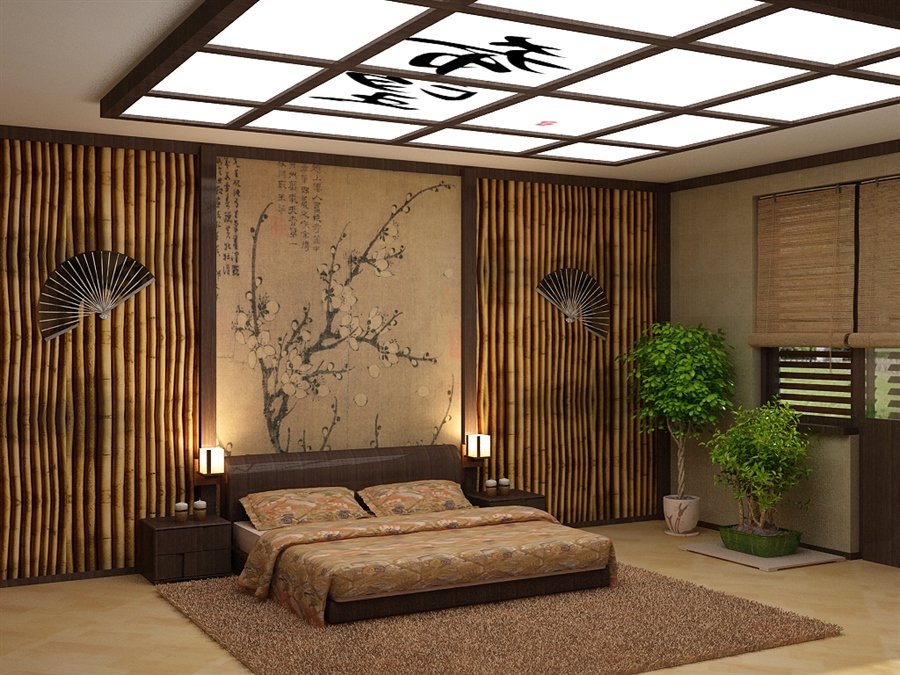 Dormitorio de estilo japonés con techo de panel LED