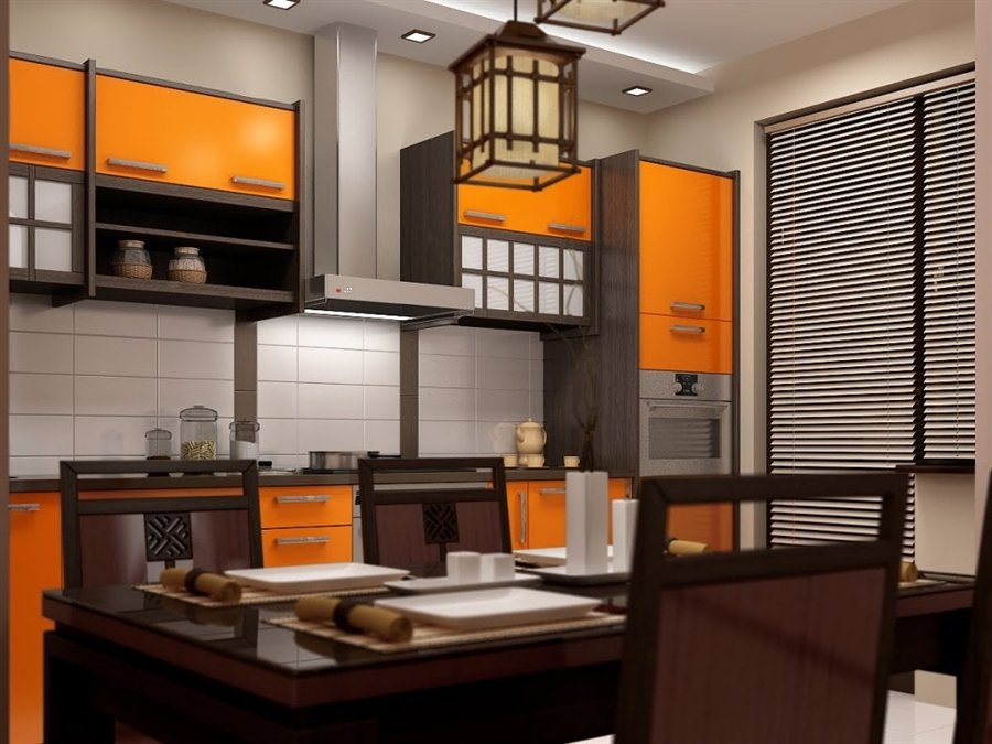 Iluminación interior de cocina de estilo japonés.